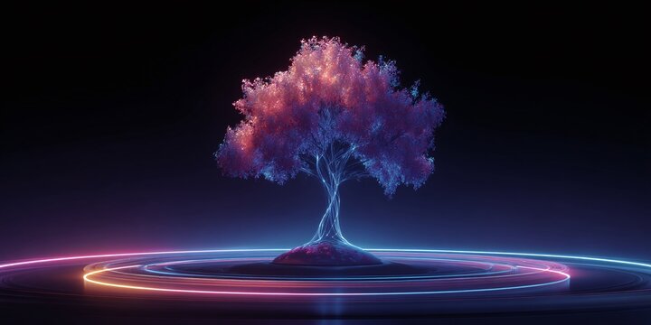 Abstract neon background with a cosmic tree sprouting through a planet surrounded by a glowing neon ring in pink and blue hues giving a mystical and futuristic vibe 3D