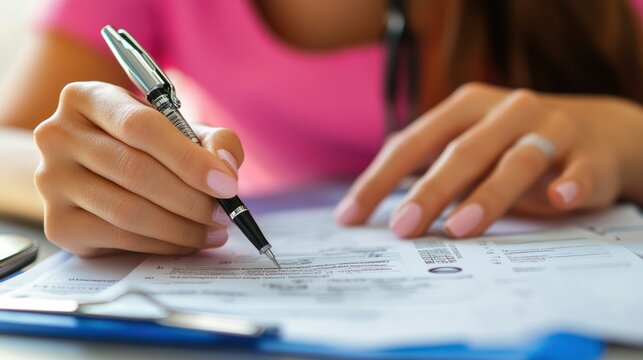 Close-up of a woman's hands filling out a form with a pen on a clipboard. - Powered by Adobe