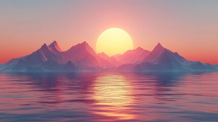 Fototapeta premium Mountain range silhouette at sunset over calm ocean