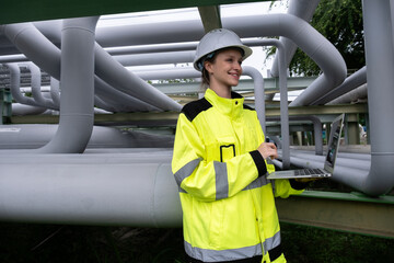 Naklejka premium Engineer working on a laptop under industrial piping system during daytime in a safety jacket
