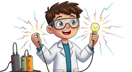 An excited young boy is experimenting with electricity, holding a lit lightbulb and cables.