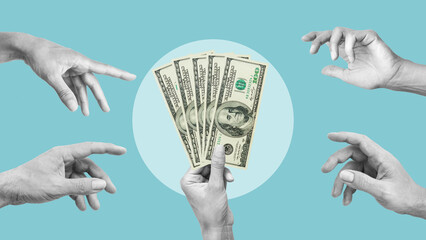 Fototapeta na wymiar Collage with hand holding dollars as charity help for people. Volunteer support payment. Become a sponsor