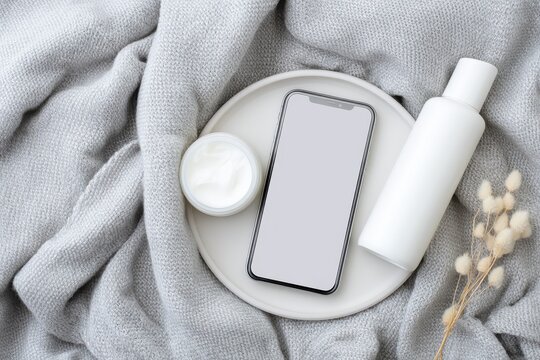 Minimalistic Flat Lay of a Smartphone, Cream Jar, and Bottle on a Textured Blanket with Dried Flowers for Skincare or Beauty-Themed Content