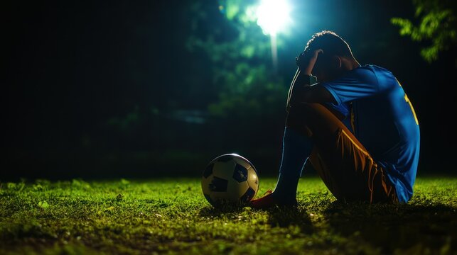 Dejected soccer player sits next to the ball on the grass at night, head in hands. - Powered by Adobe