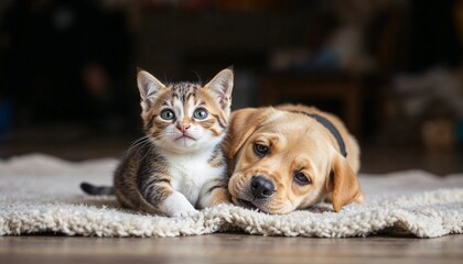Naklejka premium Kitten and puppy lying together on a soft rug indoors 