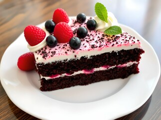 Slice of Decadence: A close-up shot of a slice of a layered cake, adorned with fresh raspberries and blueberries, cream and a mint leaf, rests invitingly on a white plate.