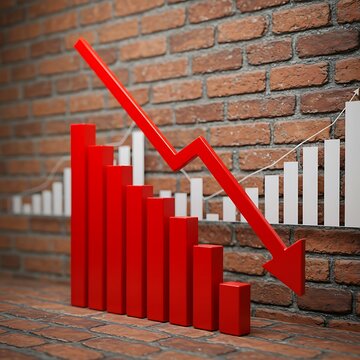 Red arrow and bar graph showing decline against brick wall