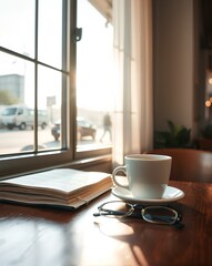 "Cozy indoor cafe or home scene with an open book, eyeglasses, and a white coffee cup on a wooden table near a window, bathed in sunlight with an urban backdrop