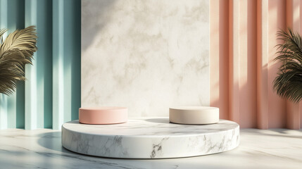A 3D-rendered setup shows a pastel-colored product display in three steps, complete with an empty podium on a sleek modern background.