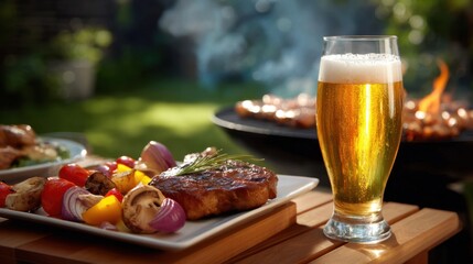 Cold beer beside sizzling barbecue grill, juicy meat and vegetables, smoky backyard setting