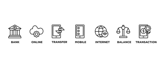 Online banking banner web icon vector illustration concept with icon of account, online payment, transfer funds, mobile banking, internet banking, balance check, transaction report, global transfer