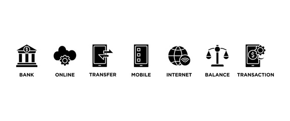 Online banking banner web icon vector illustration concept with icon of account, online payment, transfer funds, mobile banking, internet banking, balance check, transaction report, global transfer