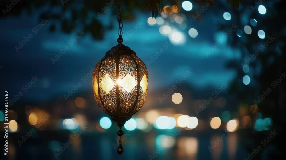 Poster a lantern hangs from a tree branch at night, providing soft lighting