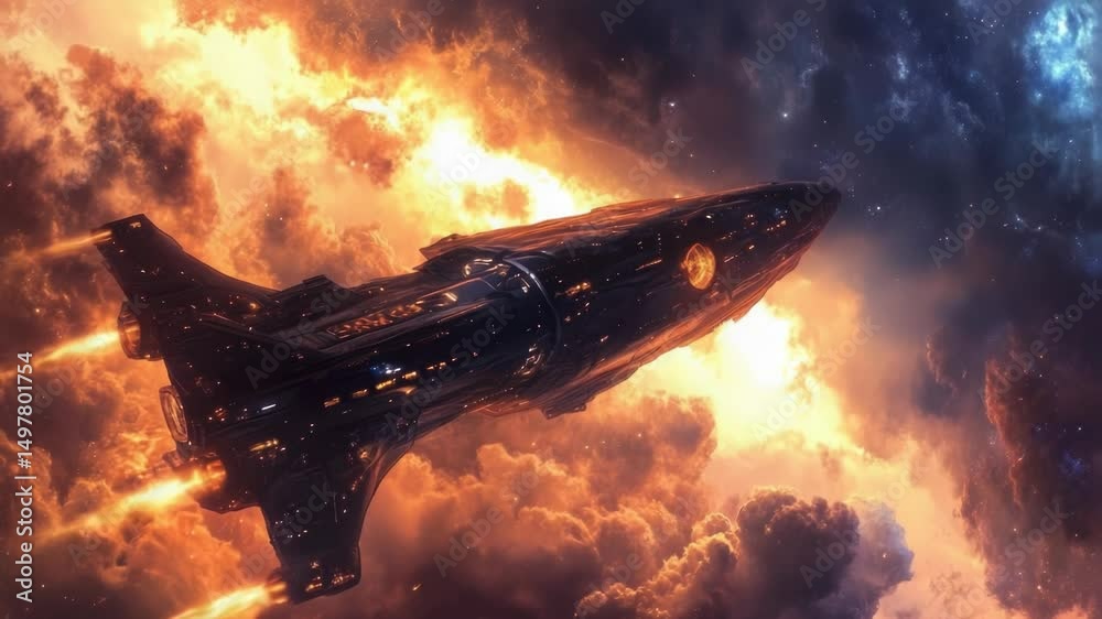 Poster A spaceship soaring through a cloudy sky, ideal for sci-fi and futuristic concepts