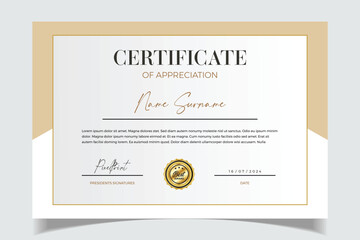 White and gold modern certificate template for corporate, achievement, diploma, award, graduation, completion, appreciation, acknowledgement, recognition Design