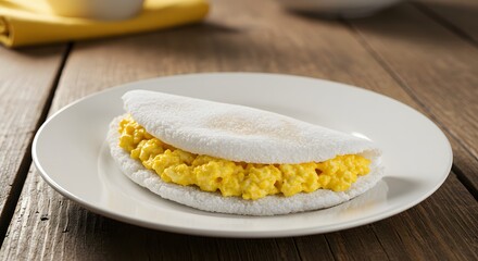Brazilian Tapioca with Scrambled Eggs on White Plate, Healthy Morning Meal