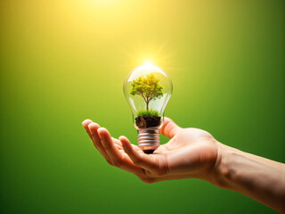 Conceptual Image of Green Tree Growing Inside Light Bulb Held by Hand - Symbol of Renewable Energy, Sustainability, Eco-Friendly Innovation, and Clean Technology in High-Resolution Visual