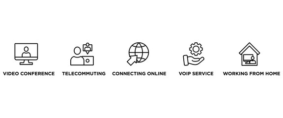 Remote working banner web icon vector illustration concept for working at home with icon of video conference, telecommuting, connecting online, voip, and working from home