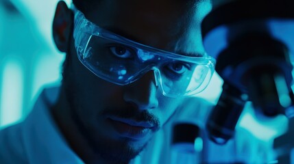 A scientist wearing safety glasses works with a microscope in a blue-lit lab.