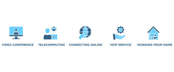 Remote working banner web icon vector illustration concept for working at home with icon of video conference, telecommuting, connecting online, voip, and working from home
