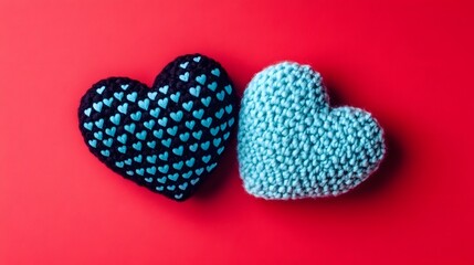 Two Knitted Hearts Valentines Day Love Red Background