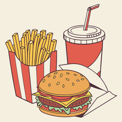 Delicious burger fries soda combo fast food meal