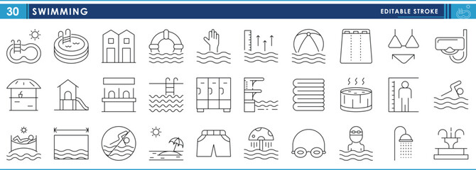 A set of line icons related to Swimming. Swim, water park, indoor, sea, lake, summer, and so on. Vector editable stroke.