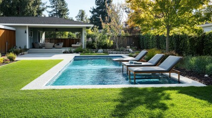 Modern backyard oasis with pool and lounge chairs.