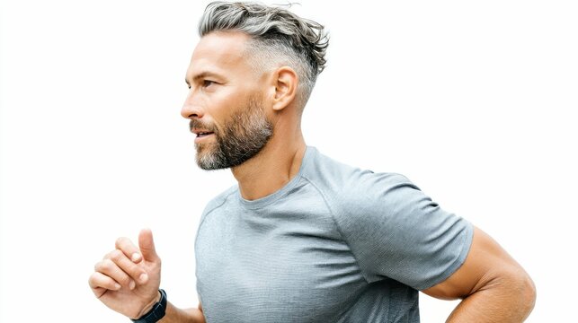 A focused man in profile, wearing a gray shirt, is jogging or running with a clean white background. The man has a gray beard and a smartwatch.