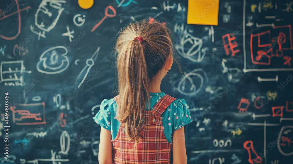 Poster a young girl stands near a blackboard, ready to learn or create something