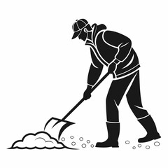 Professional silhouette of man shoveling snow isolated on white background