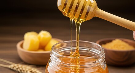 Honey pouring into jar symbolizing sweetness and natural goodness with wooden dipper and bowl