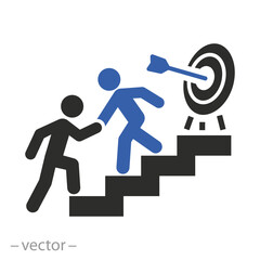 mentoring, mentor support for man climbs the stairs icon, help person with progress steps, flat vector illustration