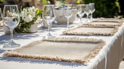 Elegant table setting with wine glasses and burlap placemats outdoors.