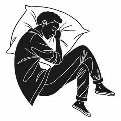 Man curled up sleeping on pillow black and white illustration