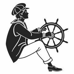 Sailor man at the helm of a ship black and white illustration