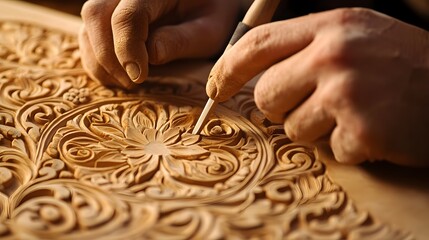 Carving Details: Fingers delicately carving intricate patterns into a clay surface, with the focus on the precision of the tools and hand movements. 
