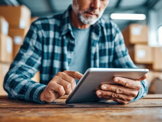 A man in a plaid shirt uses a tablet in a warehouse setting, possibly managing inventory.