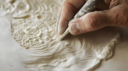Carving Details: Fingers delicately carving intricate patterns into a clay surface, with the focus on the precision of the tools and hand movements. 
