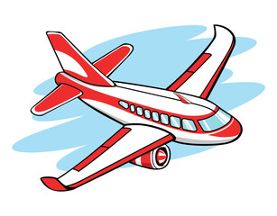 Airplane flies in blue sky. Pop art retro vector in comic book style on transparent background.  