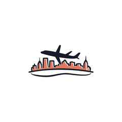 Plane Over City Skyline Black Silhouette Doodle Icon on White Background Vector Illustration.