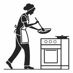 Woman chef cooking in kitchen using stovetop and pan