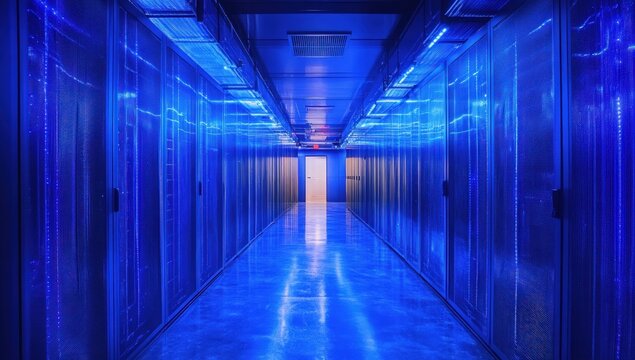 High-tech server room corridor bathed in blue light