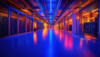 High-tech server room with vibrant lighting