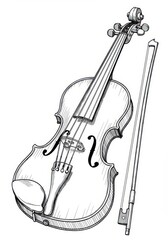 Obraz premium Hand-Drawn Violin and Bow; Classic Violin Illustration - Musical Instrument Sketch