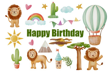 Watercolor safari birthday clipart with lions, rainbow, cactus, hot air balloon, trees, mountains, stars, sun and festive elements