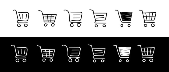 Doodle shopping cart icon set. Hand drawn line shopping basket icon. 