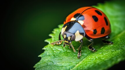 Obraz premium Macro shot of a ladybug on a green leaf, with vivid colors and sharp focus.