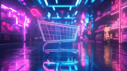 Neon Shopping Cart in a Futuristic Store.