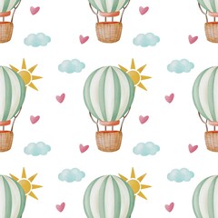 Safari-themed watercolor birthday decoration pattern with lion characters, rainbow, balloon, sun, cacti, hearts, and clouds